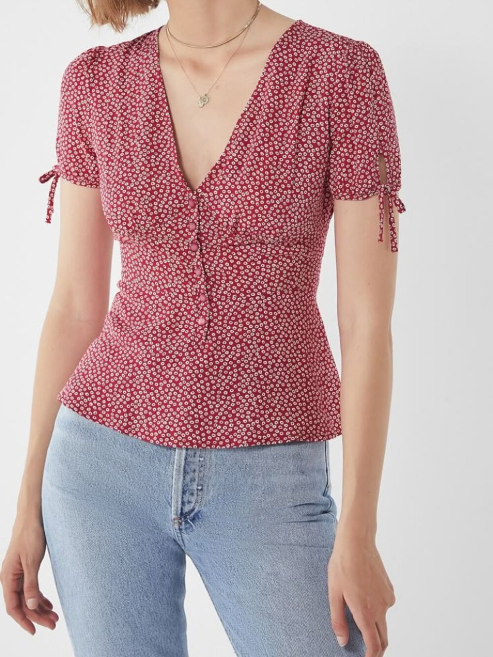 Urban Outfitters Red Floral Peplum Top with tie sleeve detail